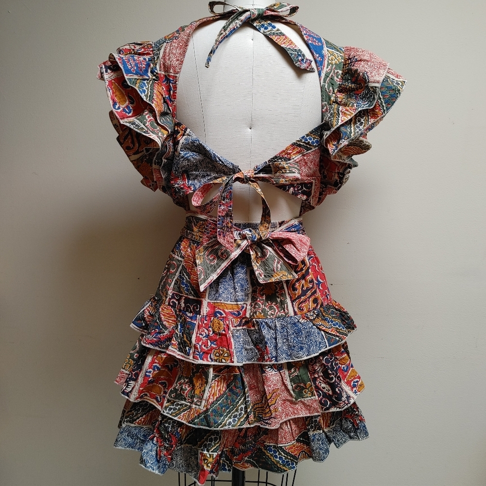 Boho Patchwork Ruffle Mini Dress - Multicolor - Picture 3 of 16